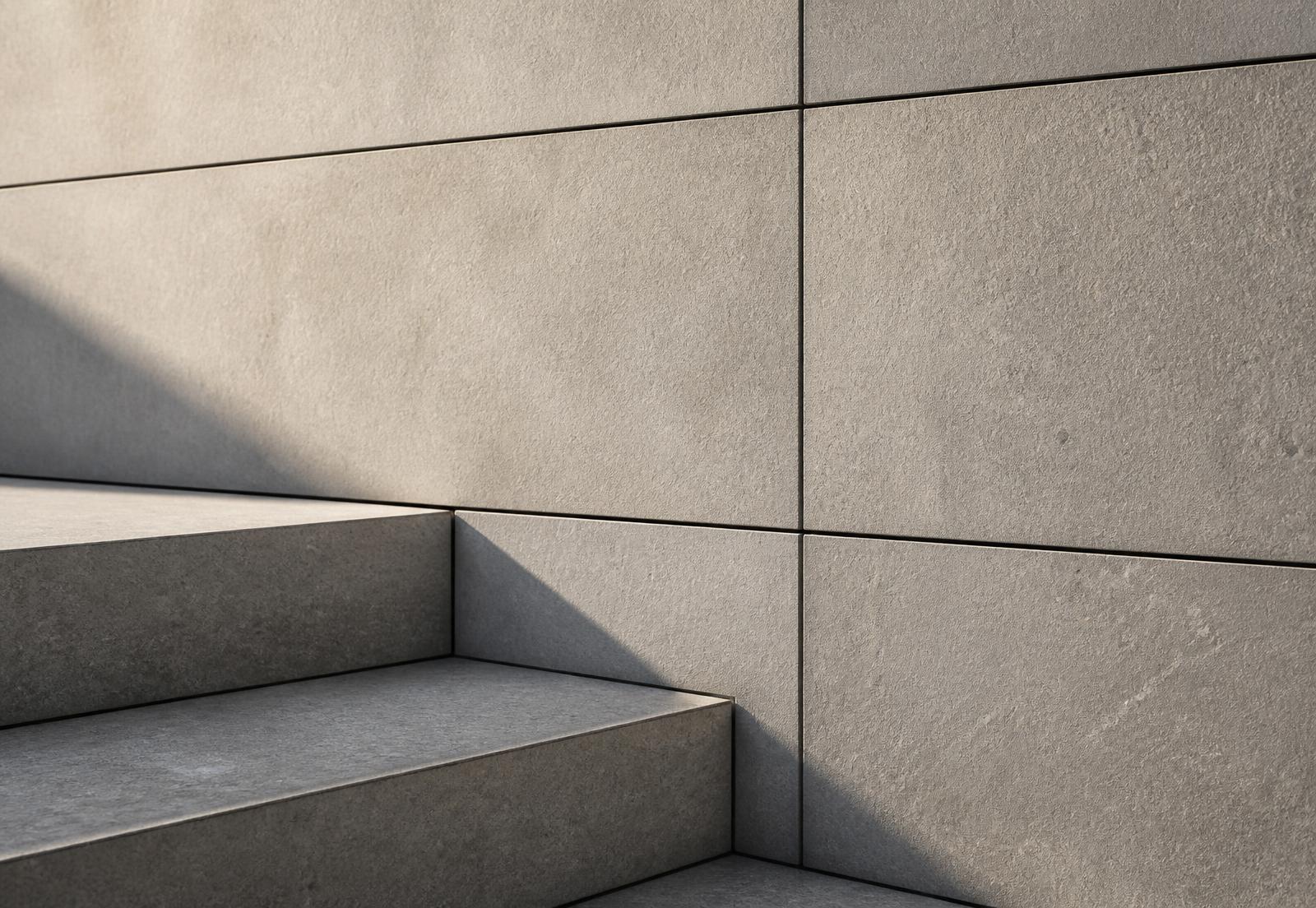 External wall clad in honed Shahabad Grey limestone with open joints beside a matching limestone step