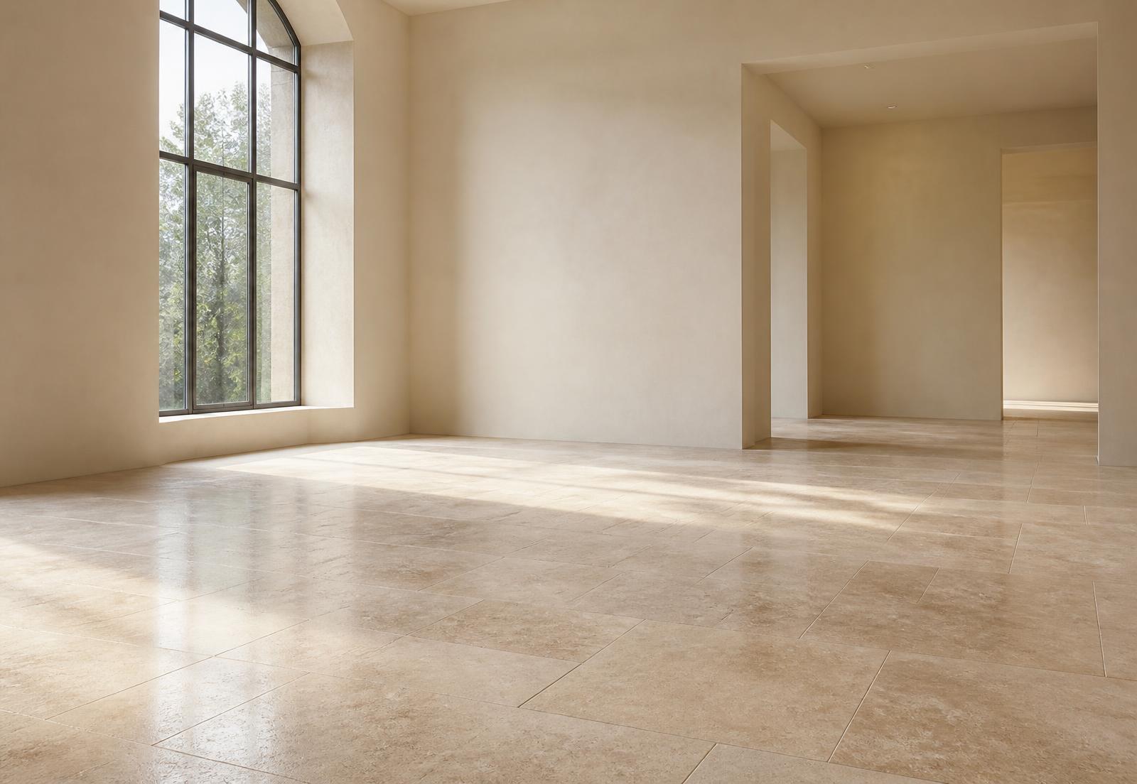 Minimal interior room with a pale polished Shahabad Cream limestone floor lit by a tall window