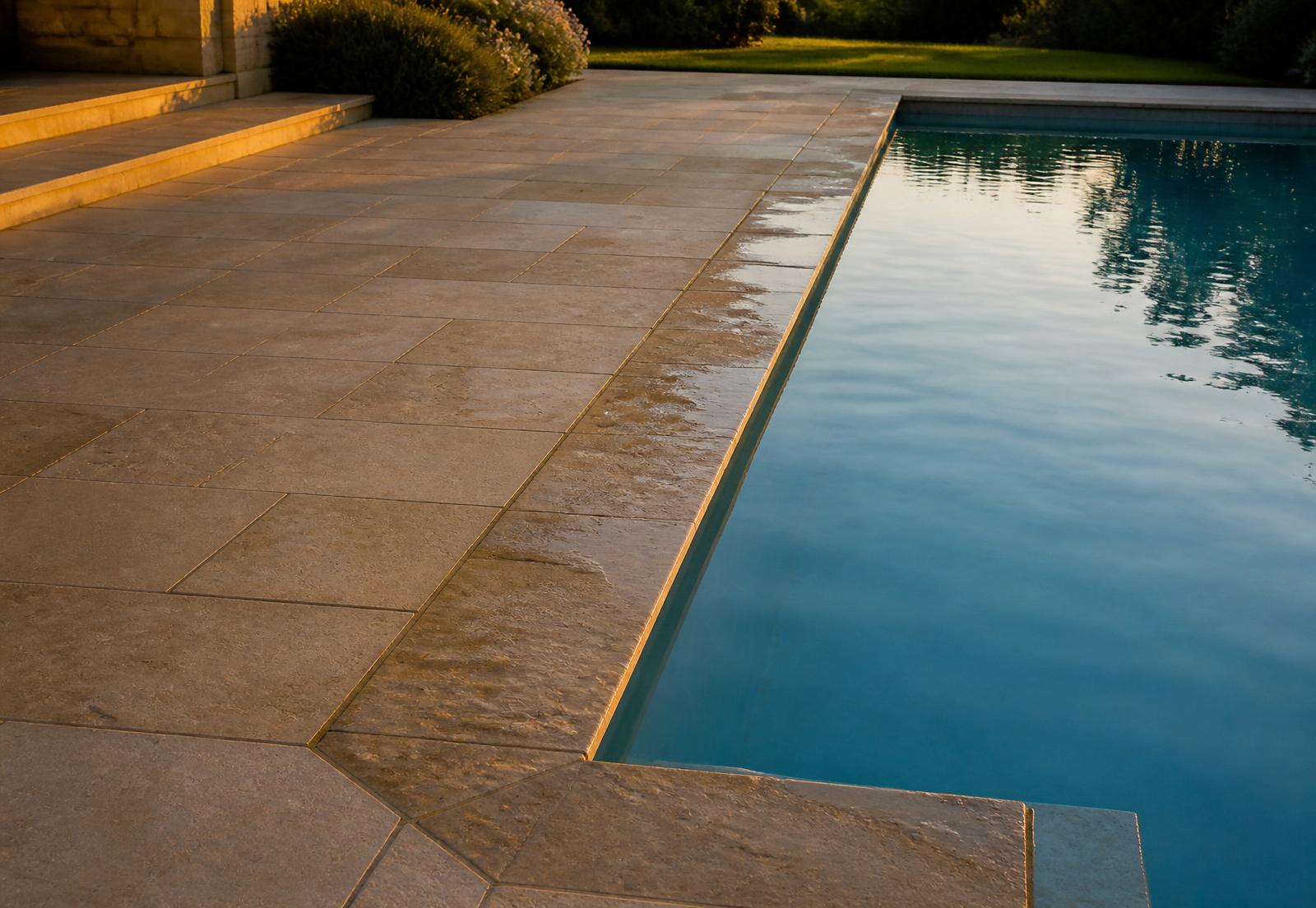 Pool surround in Shahabad Yellow limestone with wet coping reading darker than the dry paving behind