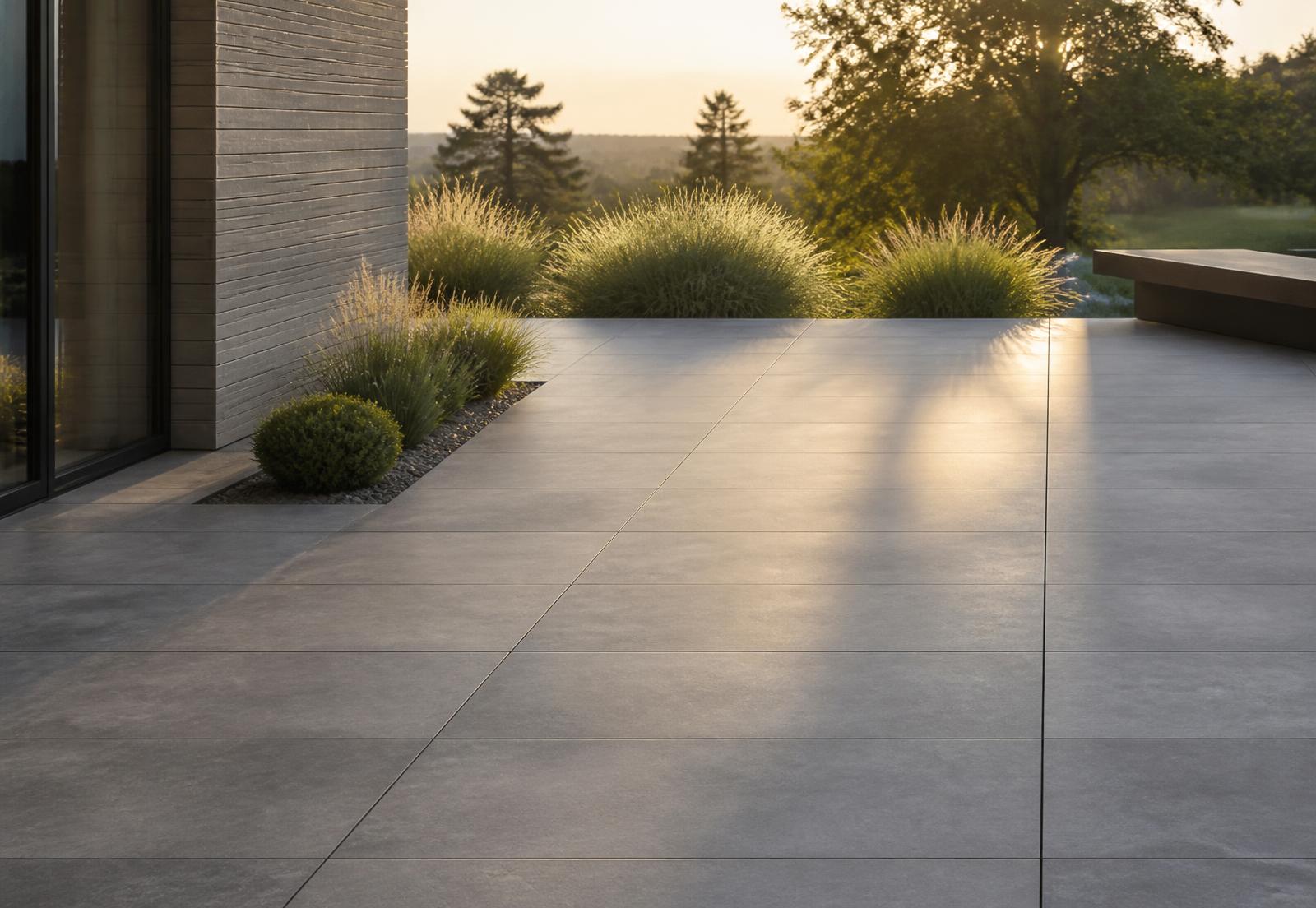 Terrace laid in honed Shahabad Grey limestone with tight sawn joints and low evening light across the slabs