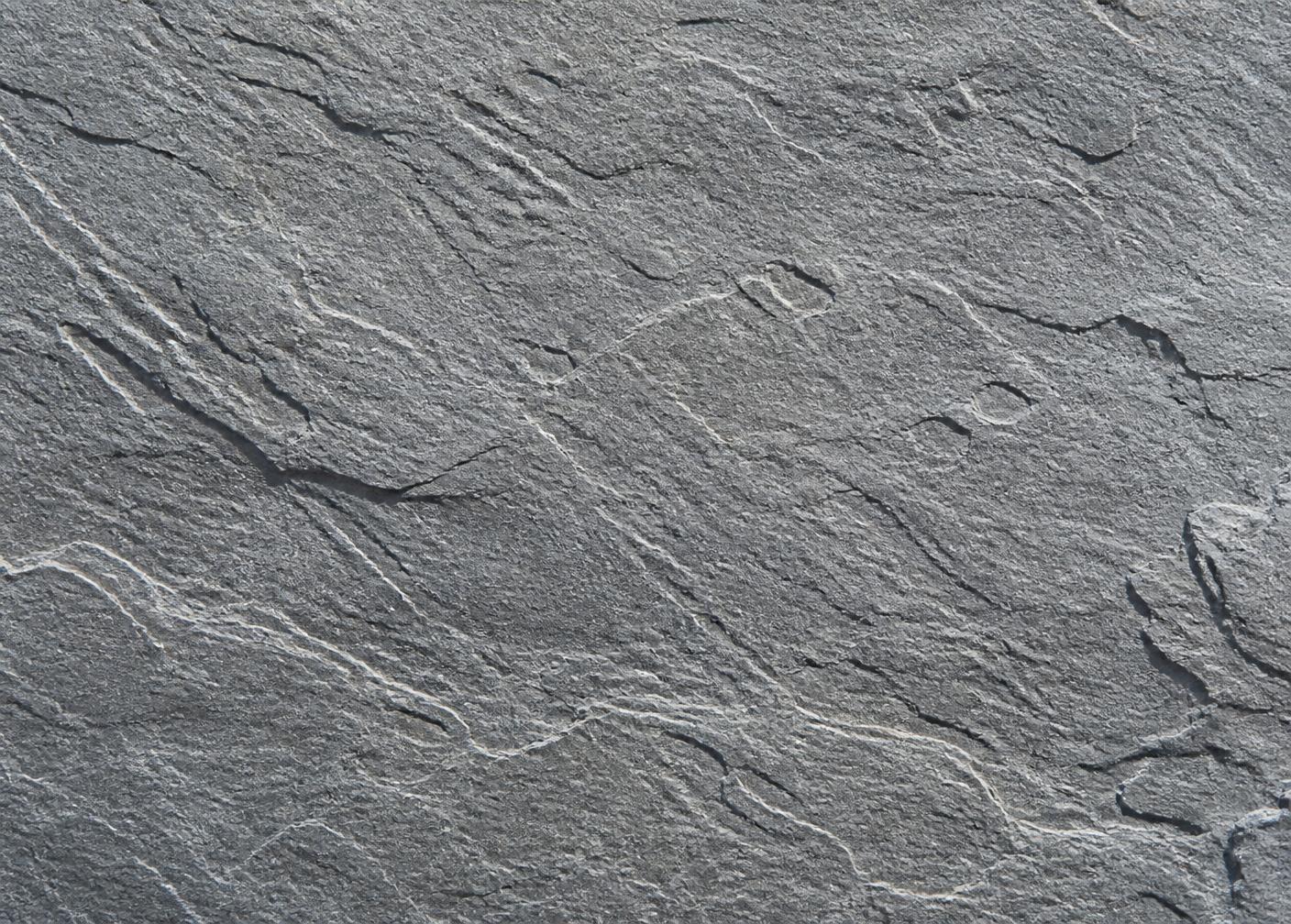 Riven natural cleft face of Shahabad Grey limestone showing surface relief and pale calcite threading
