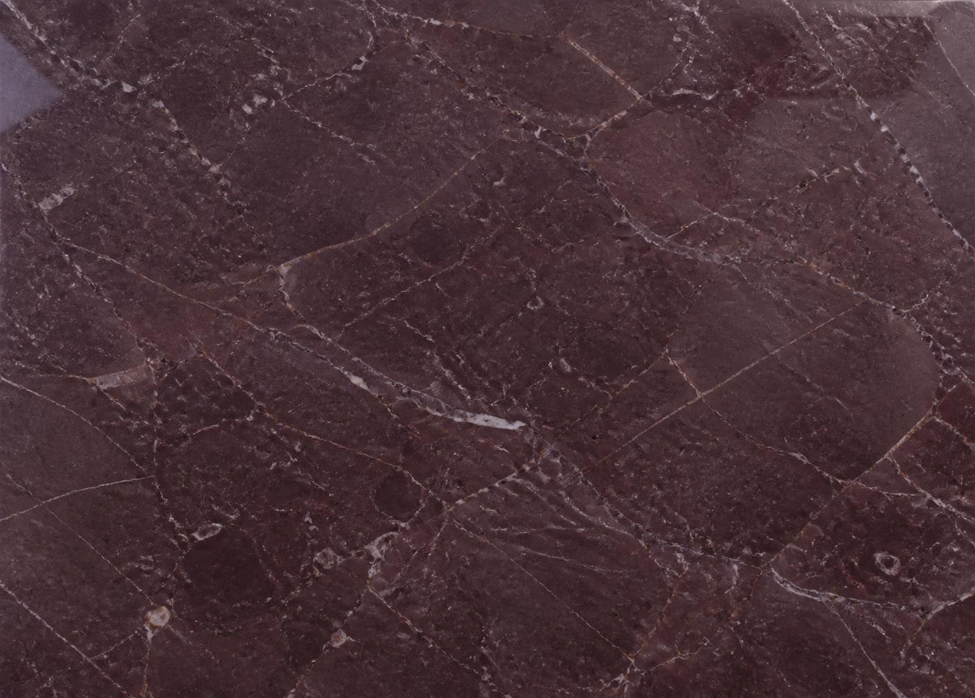 Polished face of Shahabad Maroon limestone showing pale seams lacing a near-black field
