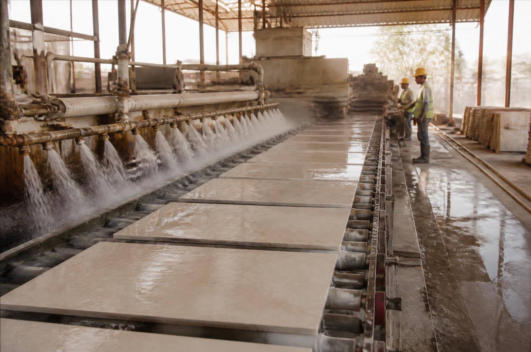 Polishing line at the yard with limestone tiles passing under water spray