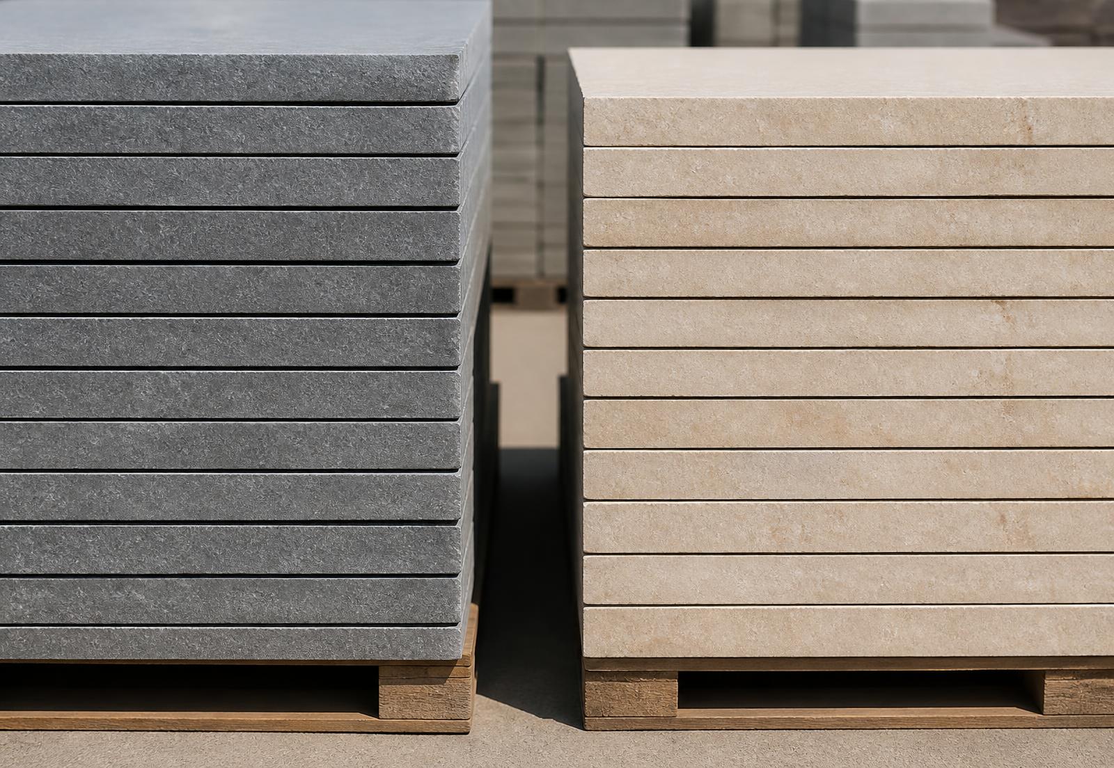 Stacked bundles of calibrated grey and cream limestone tiles in the yard
